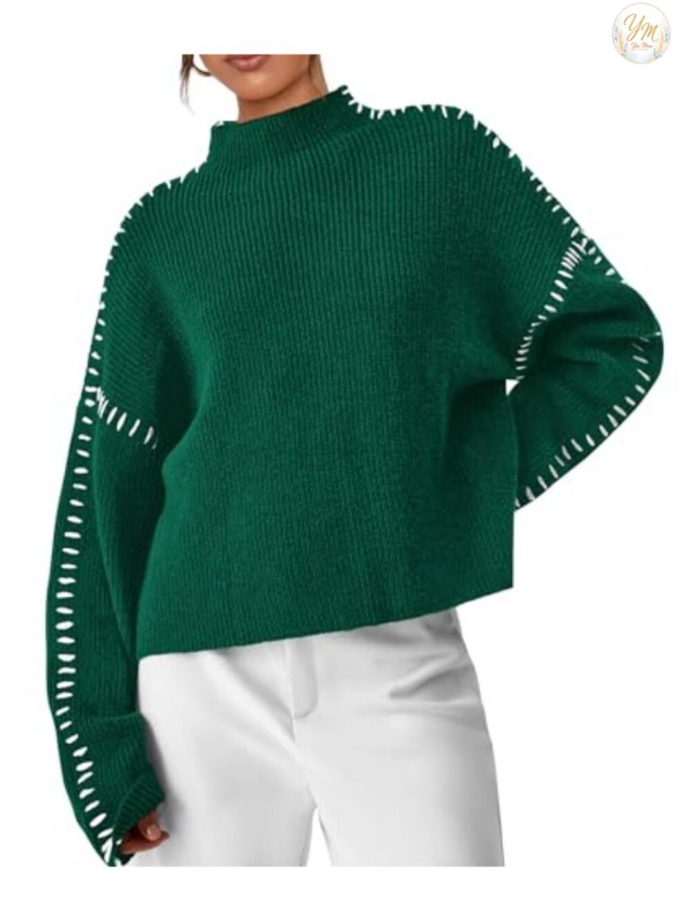 Chunky Knit Oversized Pullover Sweater Mock Neck Ribbed Drop Shoulder